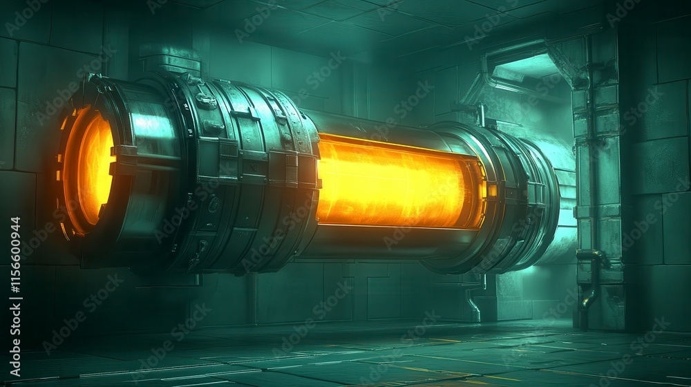 Obraz premium A futuristic, glowing energy cylinder in a dimly lit industrial setting, showcasing advanced technology and a sci-fi aesthetic.