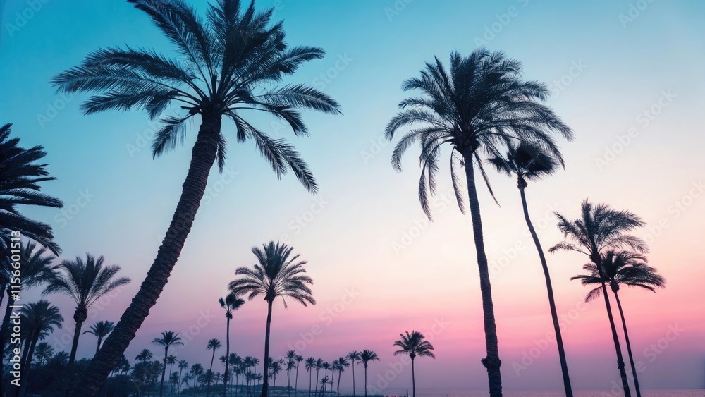 Obraz premium Serene sunset over palm trees by the beach