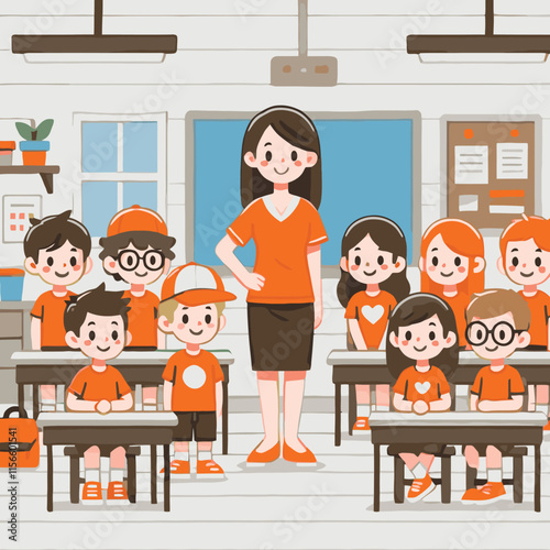 cartoon of a teacher and students in a classroom wearing orange shirts