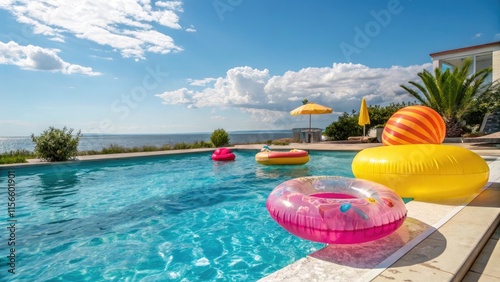 Colorful pool floats in a sunny seaside pool