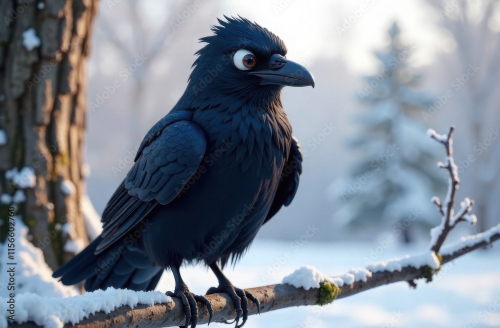 Fototapeta premium cartoon crow sitting on a snowy branch close-up