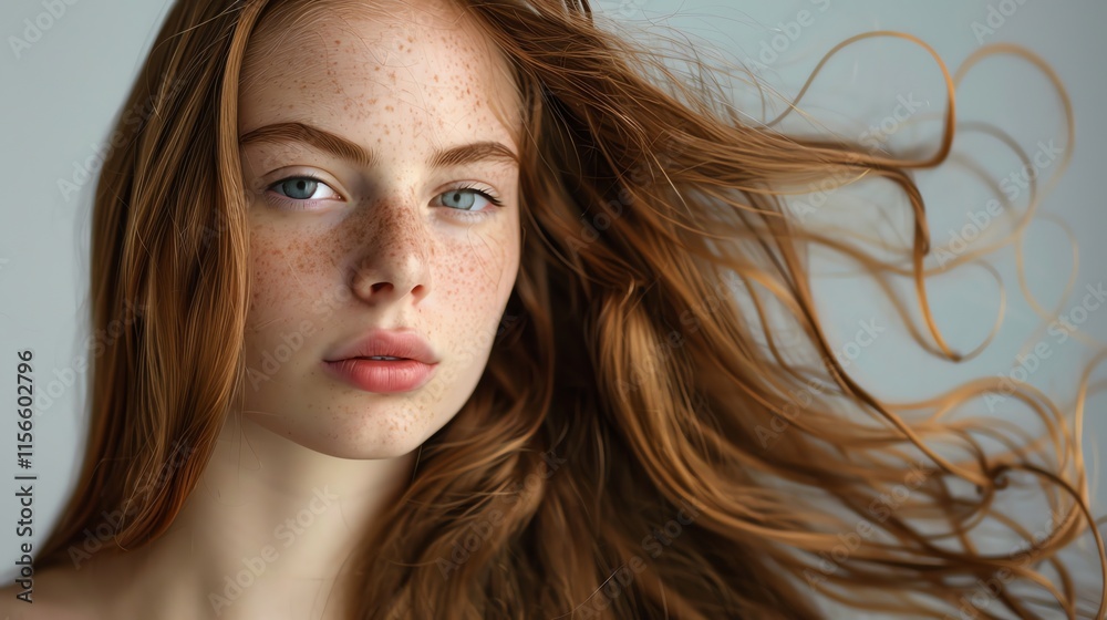 A woman with long, red hair and blue eyes looks at the camera. A woman with long, red hair and blue eyes looks at the camera.