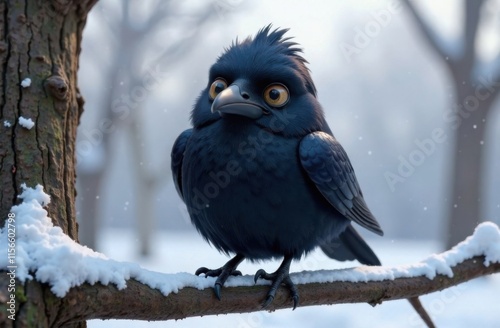 cartoon crow sitting on a snowy branch close-up
