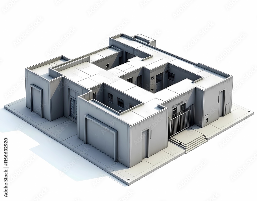Illustration of a sturdy prison building architectural model with eagle eye view isolated on white background Illustration of a sturdy prison building architectural model with eagle eye view isolated on white background