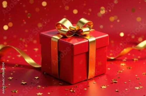 three red gift boxes with golden ribbons on a red background