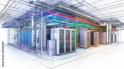 A conceptual rendering of a data center showcasing server racks and infrastructure.