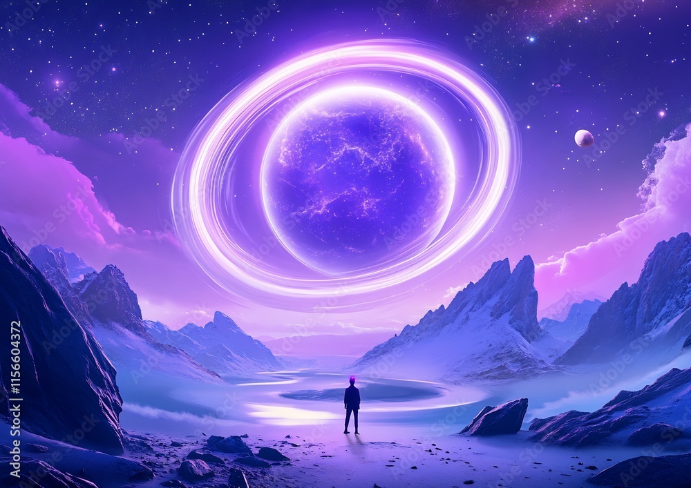 Cosmic Serenity: A lone figure gazes upon a vibrant purple planet encircled by a luminous ring, set against a backdrop of snow-capped mountains and a tranquil lake under a starry sky. Cosmic Serenity: A lone figure gazes upon a vibrant purple planet encircled by a luminous ring, set against a backdrop of snow-capped mountains and a tranquil lake under a starry sky.