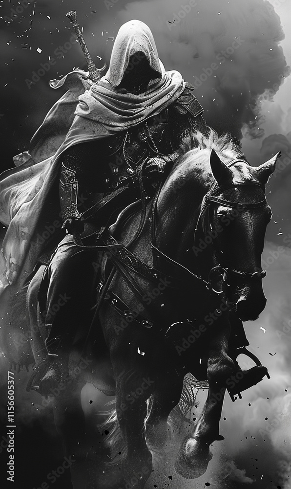 Fototapeta premium Black and White Hooded Horseman with Roman-Greek Flair