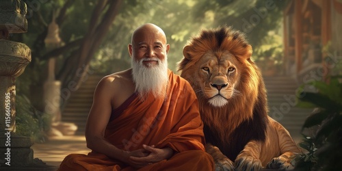 Serene monk meditating with a majestic lion in a peaceful garden setting. photo