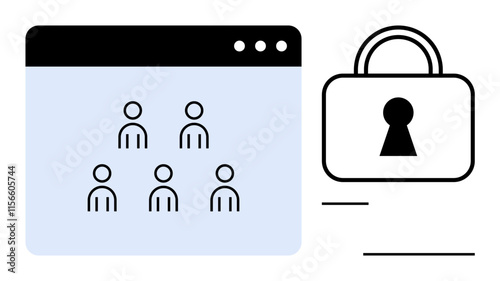 Online window with user icons and large padlock. Ideal for data privacy, secure logins, user authentication, online security, privacy policies, data management, website protection. Line metaphor