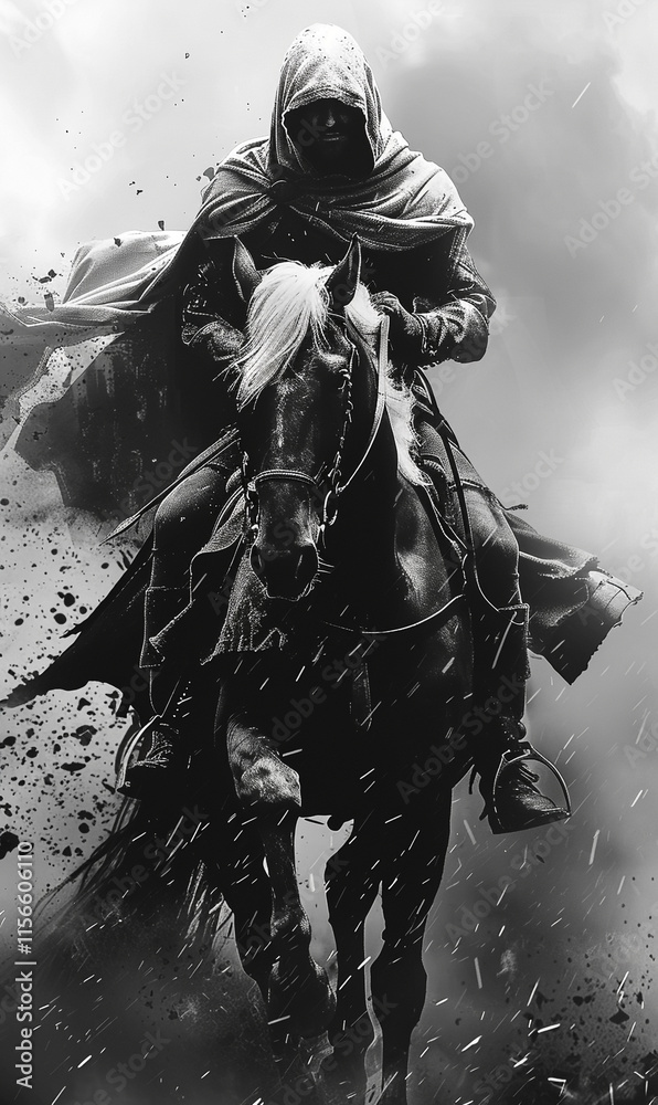 Fototapeta premium Black and White Hooded Horseman with Roman-Greek Flair