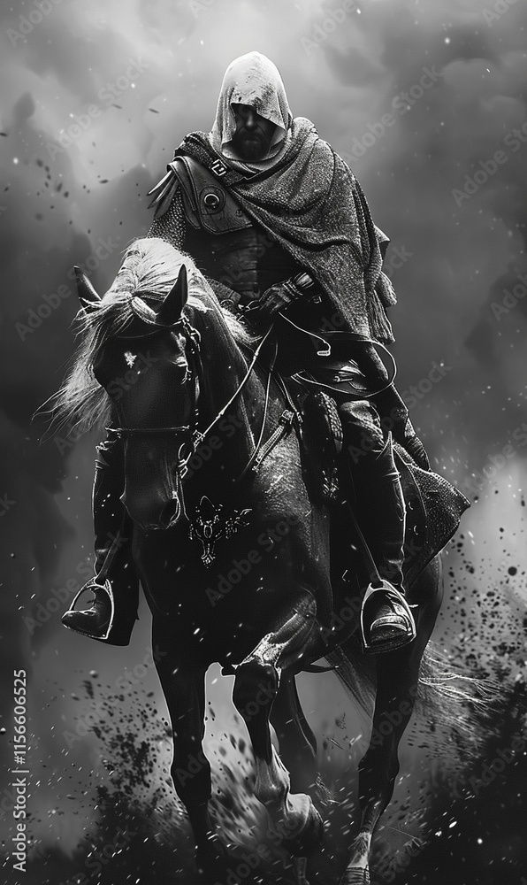 Fototapeta premium Black and White Hooded Horseman with Roman-Greek Flair