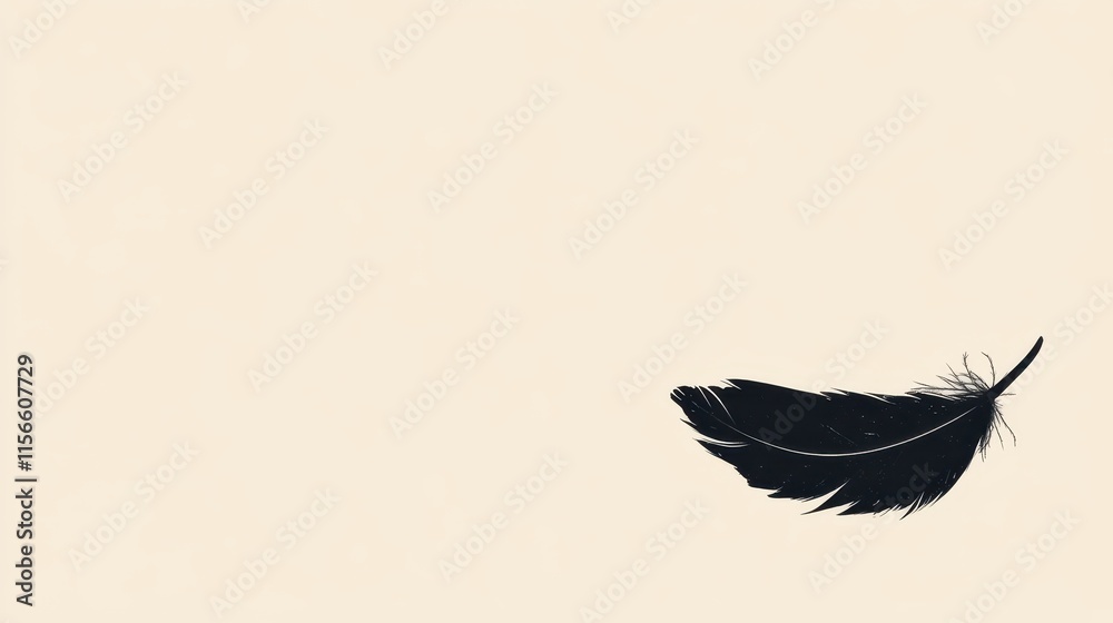 Fototapeta premium A Single Black Feather Against A Beige Background