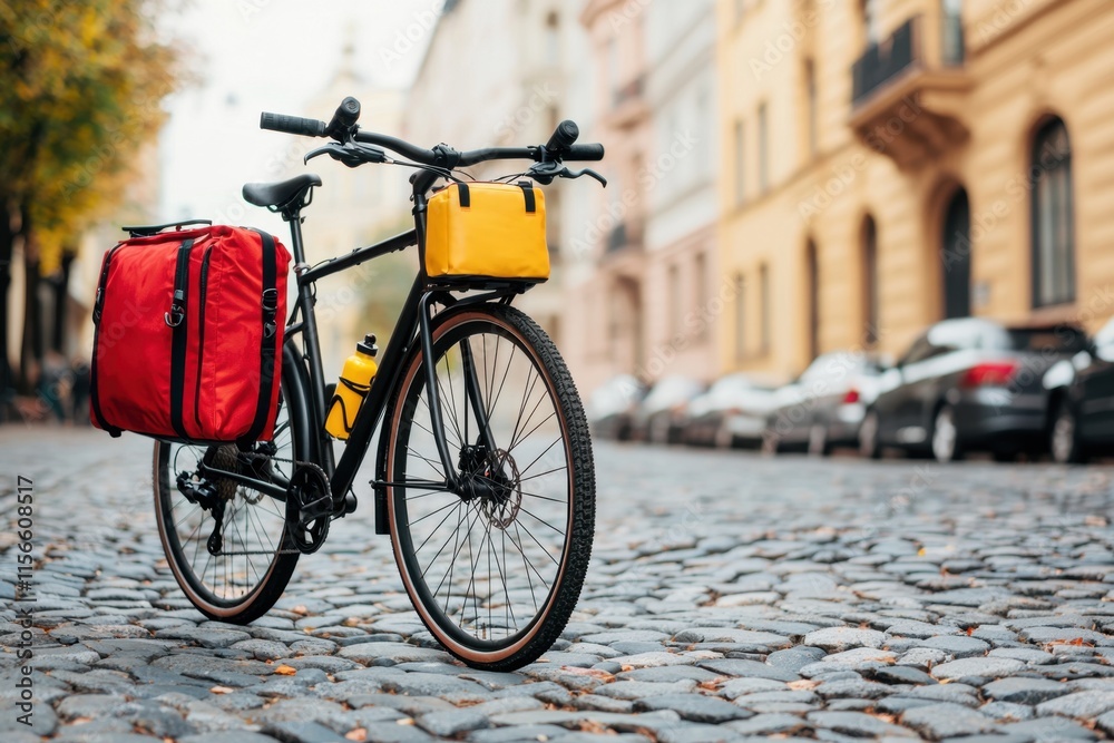 Stylish bike with yellow and red bags on cobblestone street Stylish bike with yellow and red bags on cobblestone street