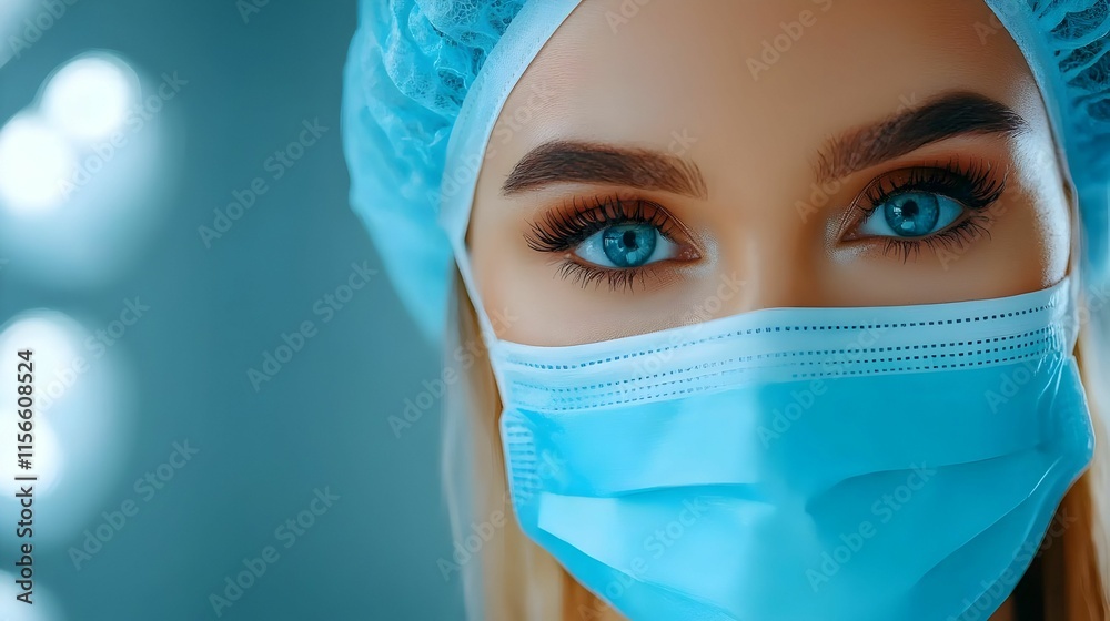 Close-Up Portrait of Woman with Protective Mask and Surgical Cap Close-Up Portrait of Woman with Protective Mask and Surgical Cap