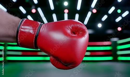 Red Boxing Glove Ready to Strike in Modern Gym Environment photo