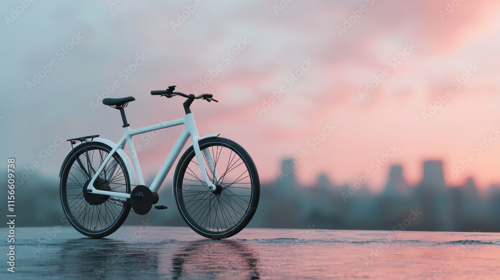 Fototapeta premium Modern White Bicycle on Urban Rooftop at Sunset with Cityscape