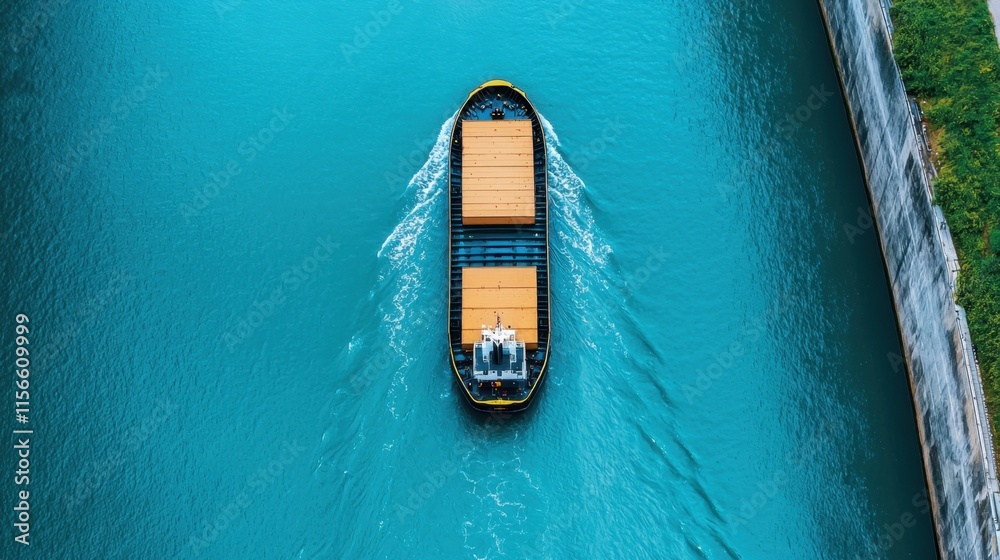 Cargo Boat Navigating Calm Waterway with Cargo Containers Above View Cargo Boat Navigating Calm Waterway with Cargo Containers Above View