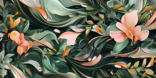 A painting of a flower field with a green background. The flowers are orange and pink. The painting has a serene and peaceful mood