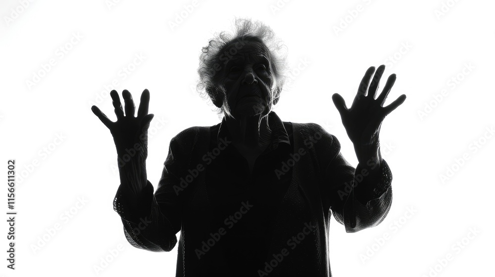 Silhouette of an elderly woman with hands raised against a bright background. Silhouette of an elderly woman with hands raised against a bright background.