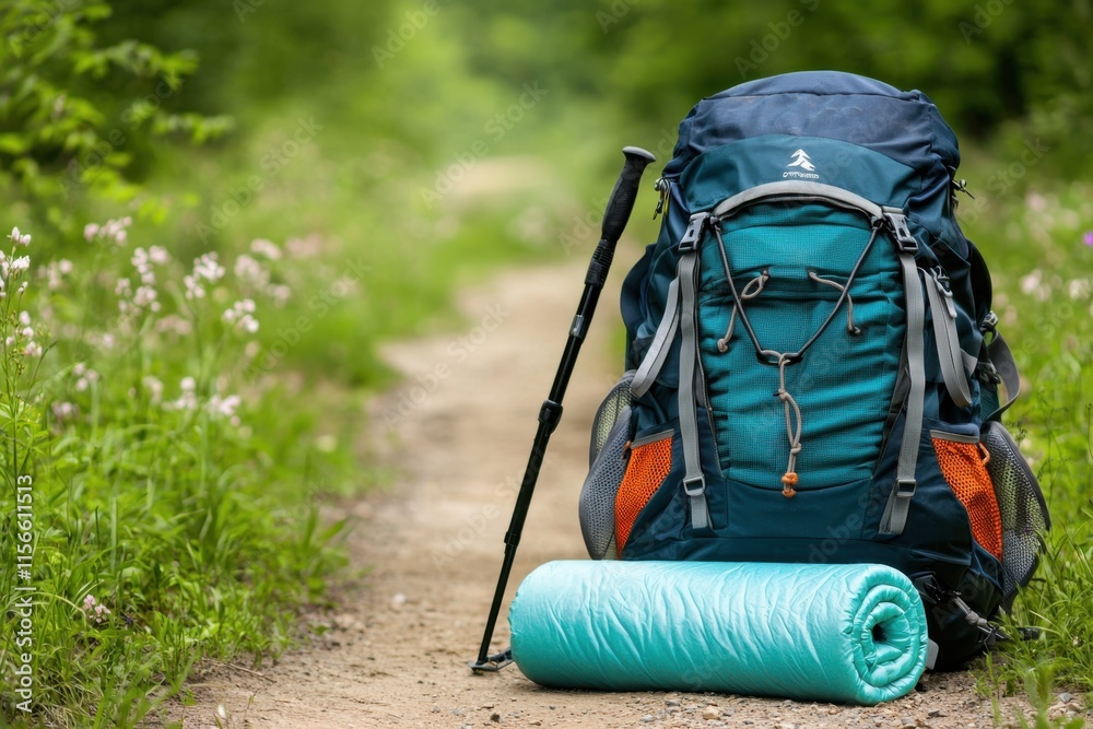 Fototapeta premium Colorful Hiking Backpack with Sleeping Pad on Nature Trail