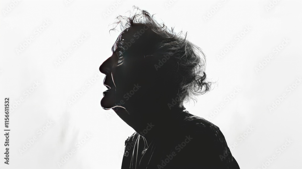 A silhouetted profile of a person with wild hair against a bright background. A silhouetted profile of a person with wild hair against a bright background.