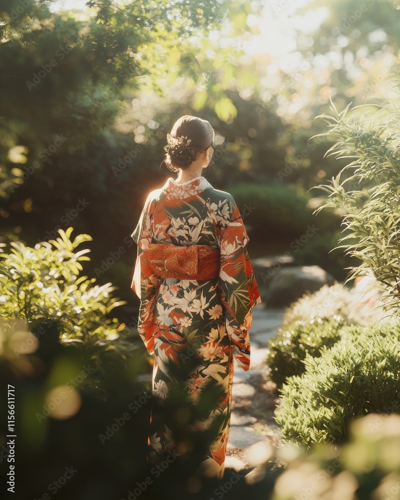 Japanese Traditional Kimono Bride in a Serene Garden Fashion Natural Light Elegant Atmosphere Japanese Traditional Kimono Bride in a Serene Garden Fashion Natural Light Elegant Atmosphere
