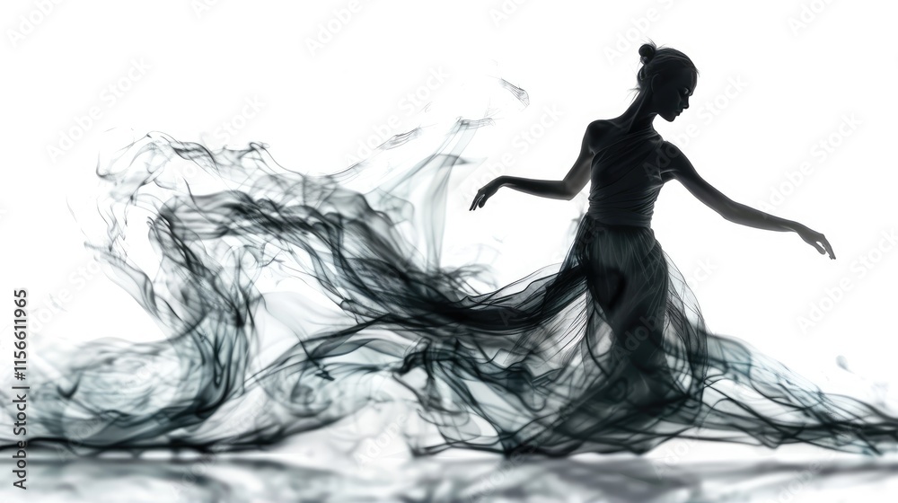 Obraz premium A silhouette of a dancer surrounded by flowing smoke-like fabric, conveying grace and movement.