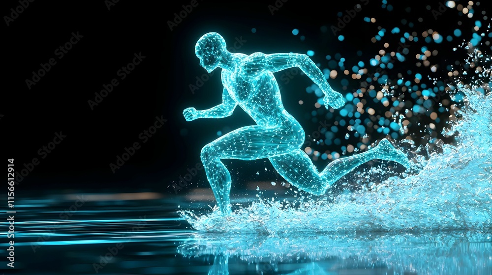 Fototapeta premium Futuristic Digital Human Runner on Water Surface with Sparkling Effects