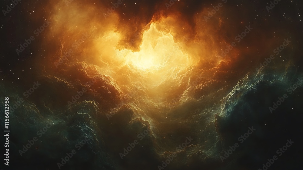 Fototapeta premium Celestial Nebula Golden Hues Cosmic Landscape