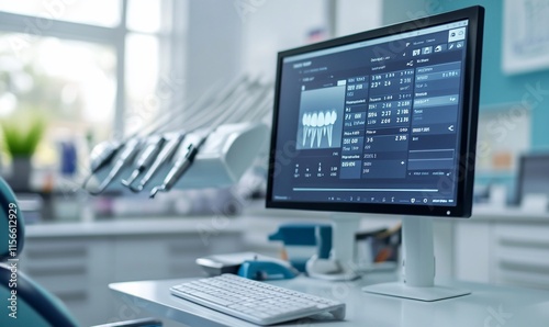 A dental office setup featuring a computer displaying patient information.