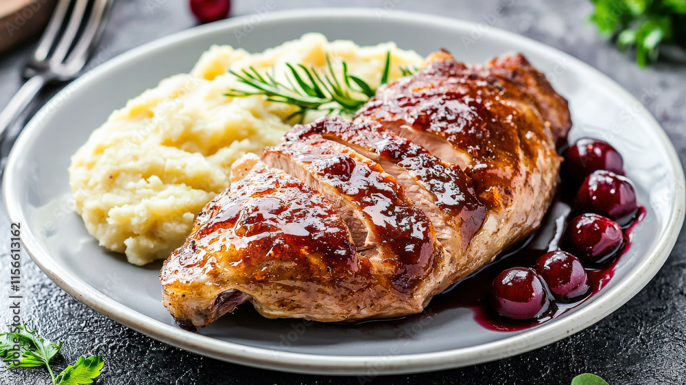 A refined serving of roasted duck breast with crispy skin, elegantly plated alongside creamy mashed potatoes and drizzled with a rich cherry reduction sauce. A refined serving of roasted duck breast with crispy skin, elegantly plated alongside creamy mashed potatoes and drizzled with a rich cherry reduction sauce.