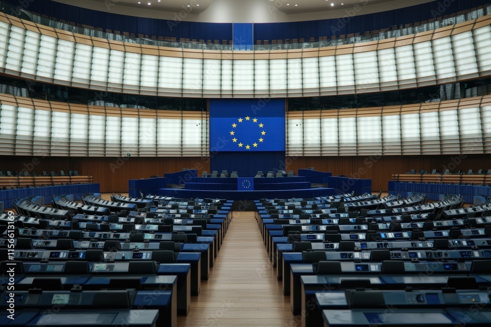 Fototapeta premium Modern European Parliament Interior with Flag and Empty Seating