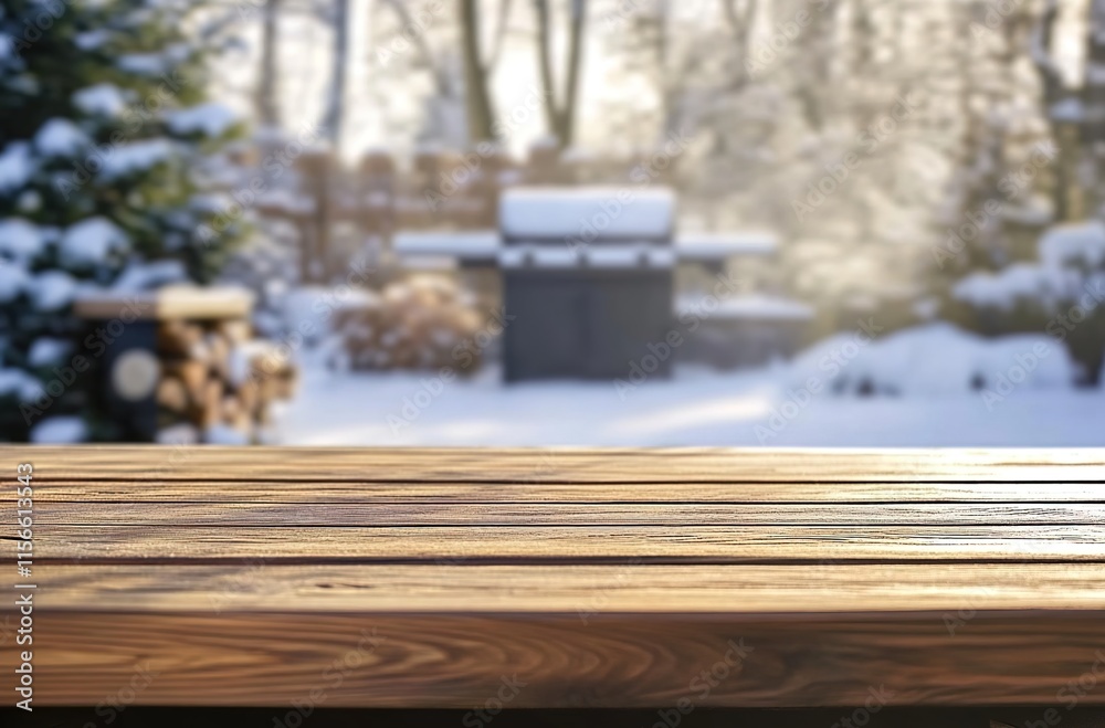 An empty wooden table with a blurred, snowy backyard and a grill in the background, close-up, with a bokeh effect, creating a winter scene. An empty wooden table with a blurred, snowy backyard and a grill in the background, close-up, with a bokeh effect, creating a winter scene.
