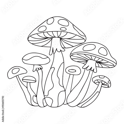 Coloring page. Cartoon cute mushroom illustration. Childish design for kids activity colouring book. Vector colorless picture. Freehand sketch