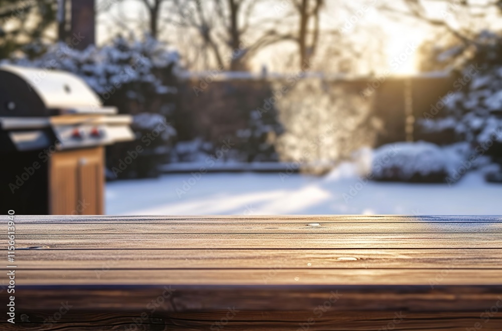 Fototapeta premium An empty wooden table with a blurred, snowy backyard and a grill in the background, close-up, with a bokeh effect, creating a winter scene. 