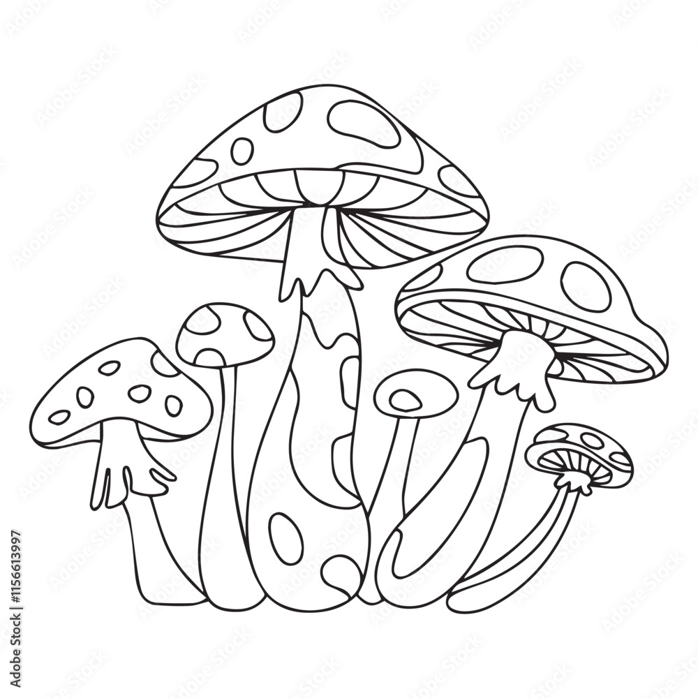 Coloring page. Cartoon cute mushroom illustration. Childish design for kids activity colouring book. Vector colorless picture. Freehand sketch Coloring page. Cartoon cute mushroom illustration. Childish design for kids activity colouring book. Vector colorless picture. Freehand sketch