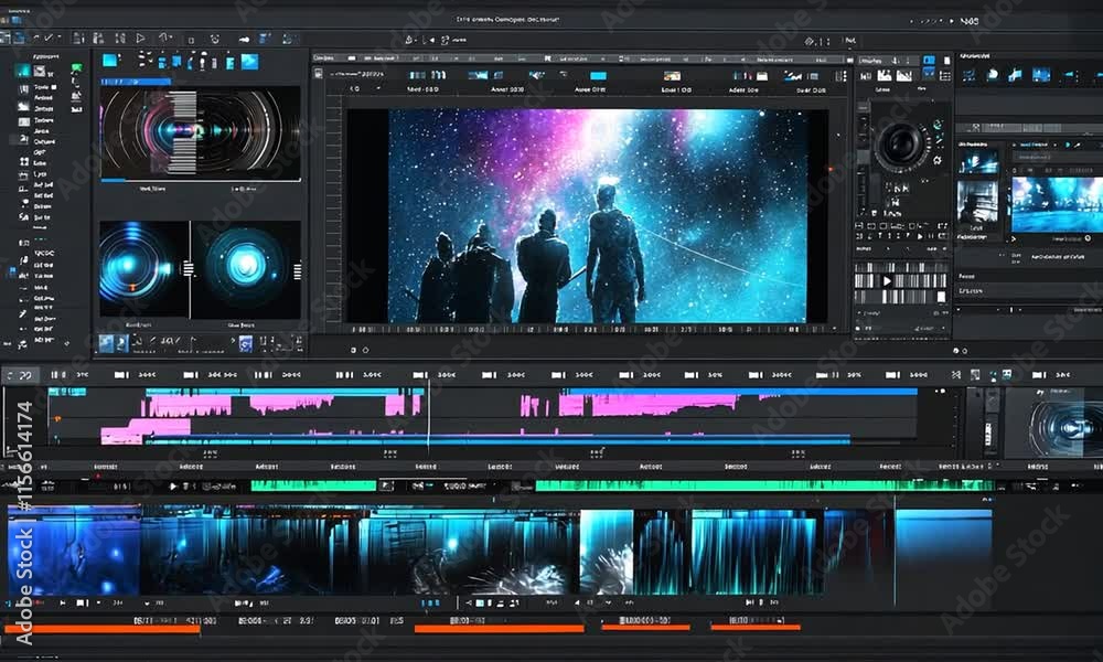 A digital interface showcasing a cosmic scene with figures, focusing on editing and visual effects.
