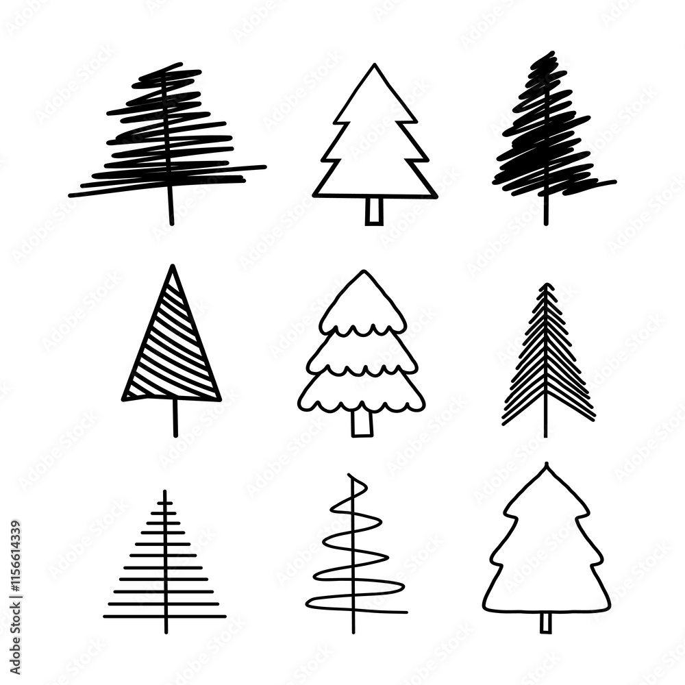 Fototapeta premium Set of christmas tree Hand drawn line art design. Holiday decoration isolated elements. Vector illustration