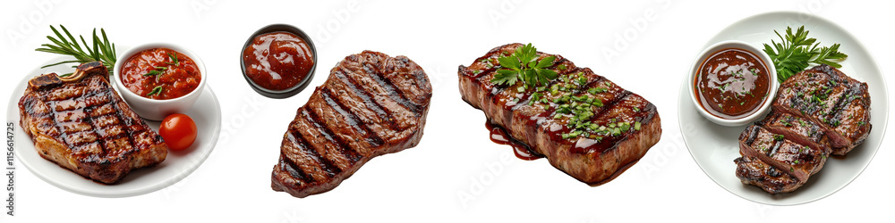 Steak with spreading sauce isolated on white background. Collection Set png. Steak with spreading sauce isolated on white background. Collection Set png.