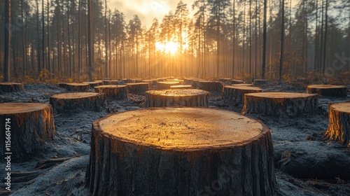 Tree stumps lined up to the horizon in a destroyed forest at sunset, showcasing the dramatic atmosphere and cinematic lighting in the background