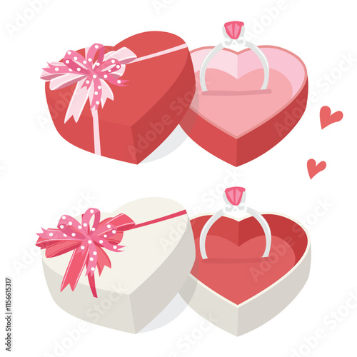 Engagement ring with precious gem stone in open box. Engagement ring, wedding ring in jewelry box. Perfect for romantic marriage proposal, wedding. Love and valentine element in flat cartoon style.