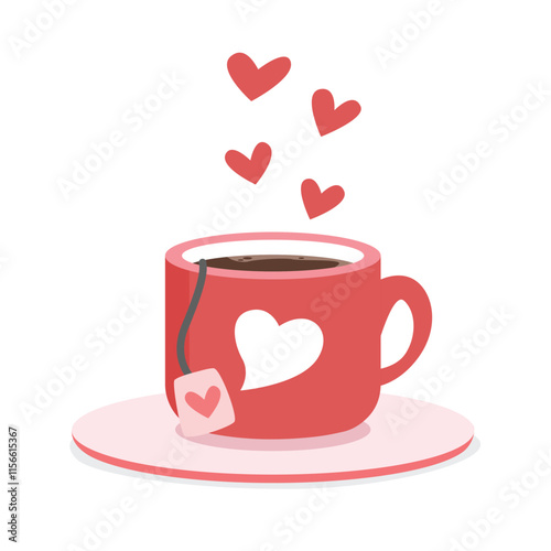 Love teacup or tea cup vector. Red teacup with tea bag label and heart clipart. Romantic valentine day drink. Love element, valentine element flat vector in cartoon style isolated on white background.