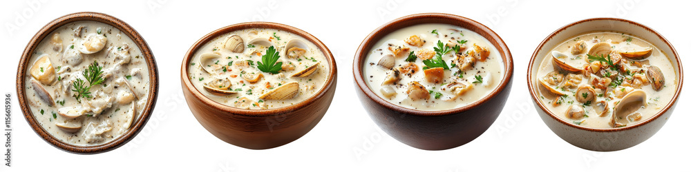 Clam chowder isolated on white background. Collection Set png. Clam chowder isolated on white background. Collection Set png.