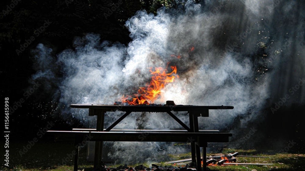 Smoky fire burning on picnic table outdoors. Smoky fire burning on picnic table outdoors.