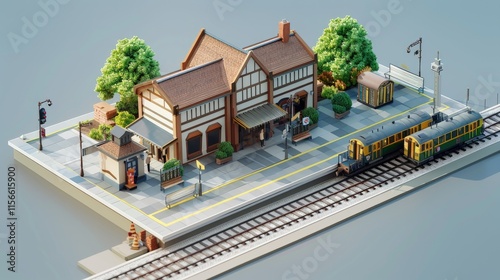 A detailed model of a quaint train station with surrounding trees and a train on the tracks. photo