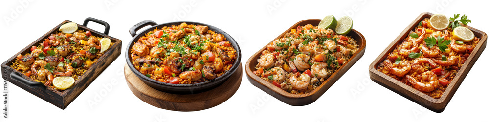 Paella on a wooden tray isolated on white background. Collection Set png. Paella on a wooden tray isolated on white background. Collection Set png.