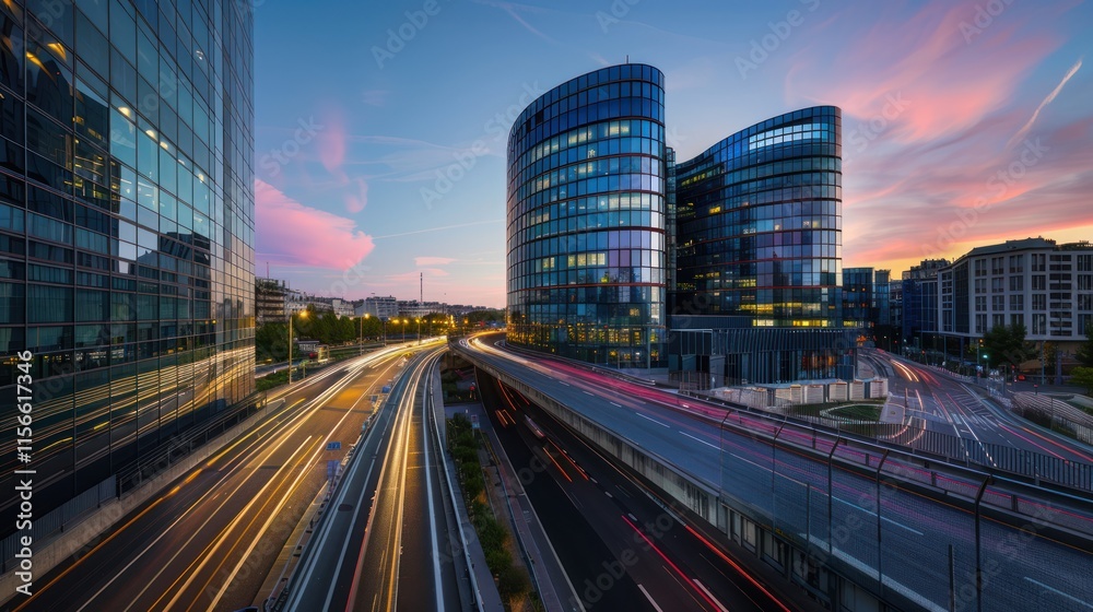 Fototapeta premium Cityscape at Sunset with Traffic