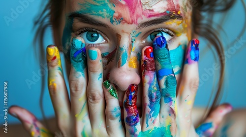 A close-up of a woman with colorful paint on her face and hands.