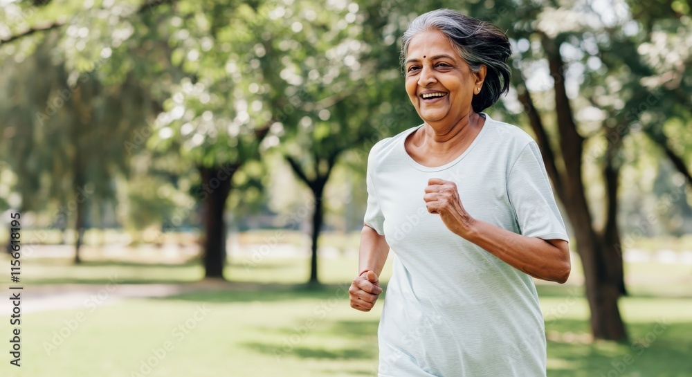 Joyful mature indian woman jogging outdoors in a lush green park for health and wellness